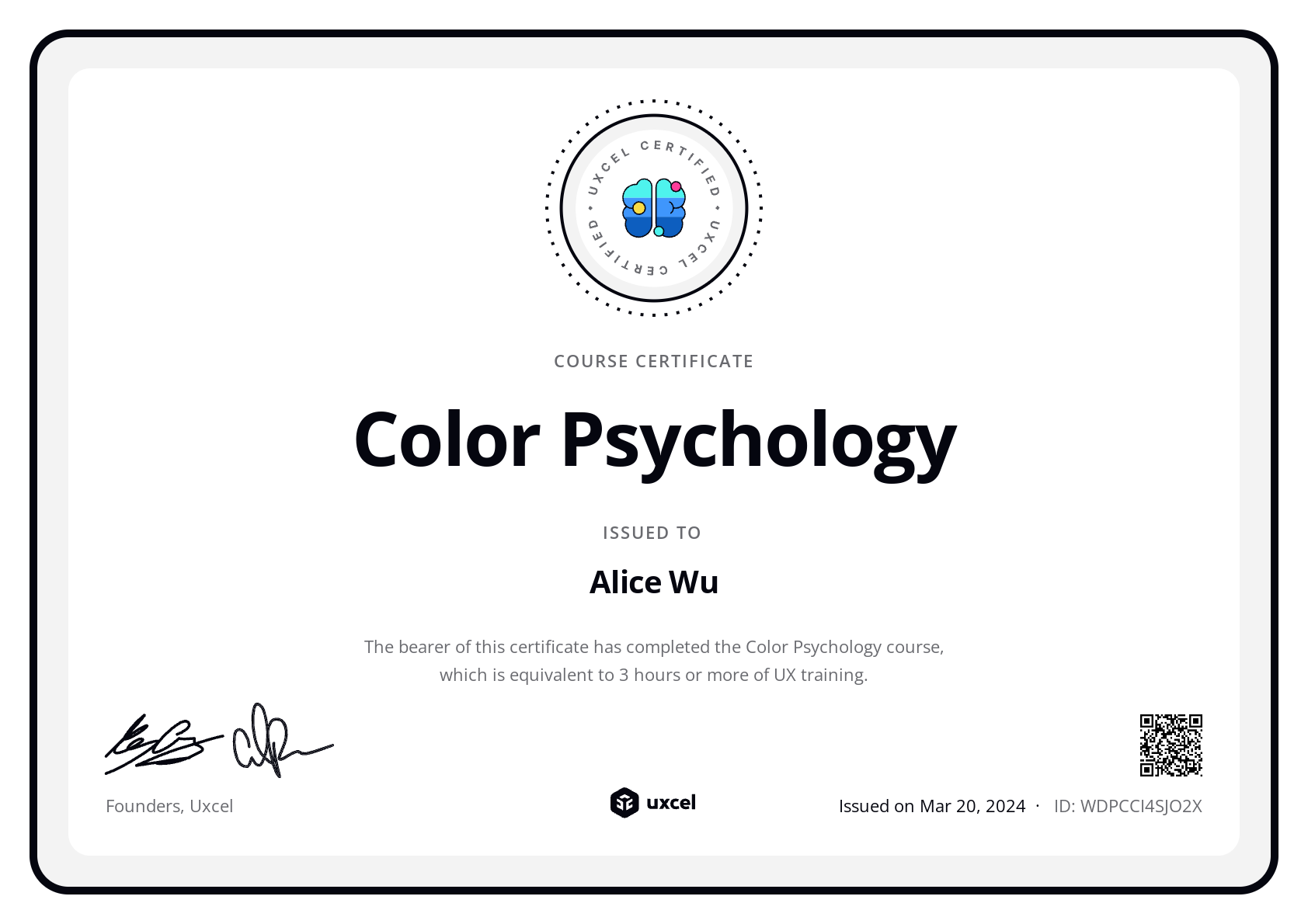 Alice Wu's certificate